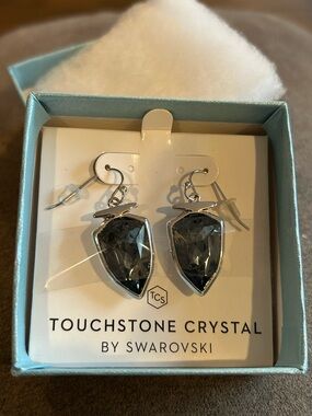 Touchstone Crystal Silver-Tone Dark Gray Faceted Drop Earrings